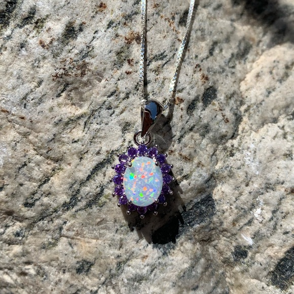 Silver Opal necklace with Amethyst Accent Stones - Picture 2 of 5